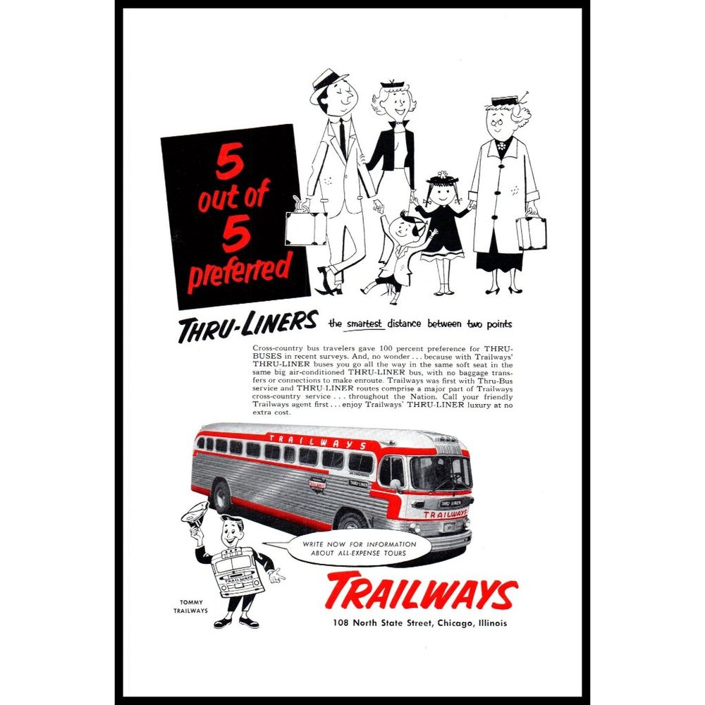 1953 Trailways Coach Bus Lines Vintage Print Ad Family Vacation Wall Art Photo
